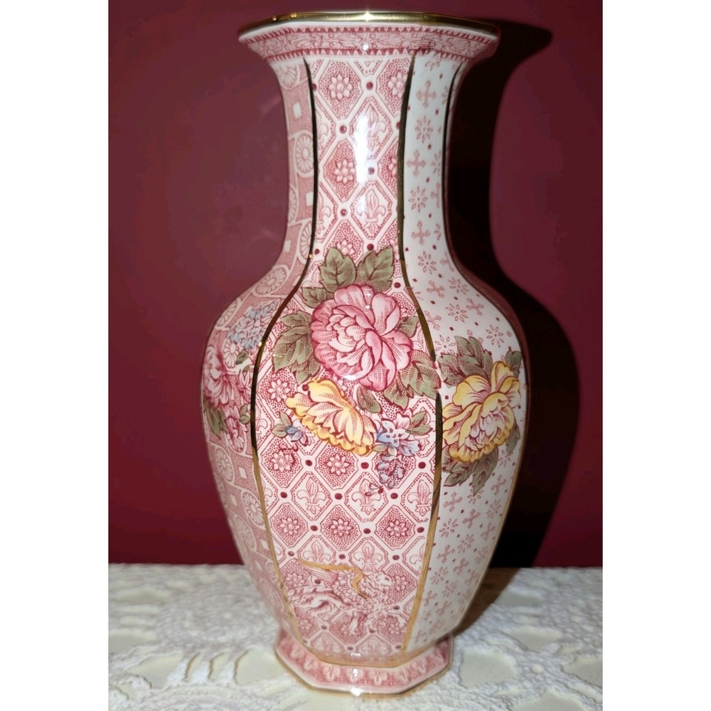 Vintage Mason's vase - Empress pink gold Octagonal Ceramic ironstone rose 10"